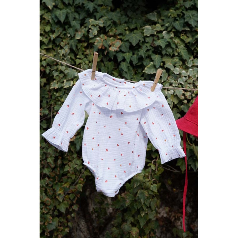 Body din muselina alba cu inimioare